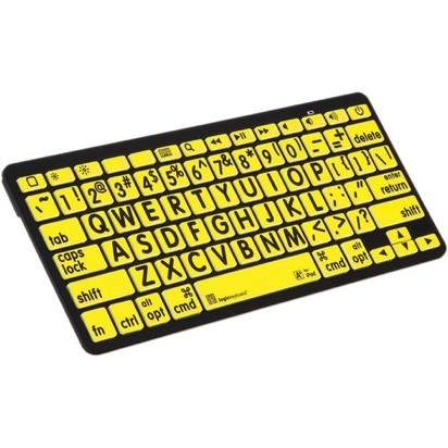 Photo of a mini keyboard with large text and bright contrasting colors