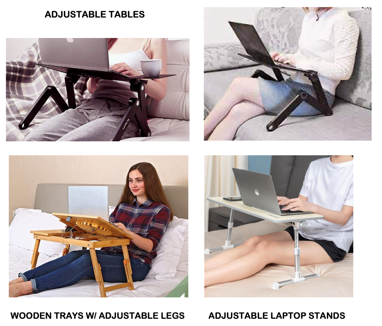 Images adjustable tables, wooden trays with adjustable legs, and adjustable laptop stands