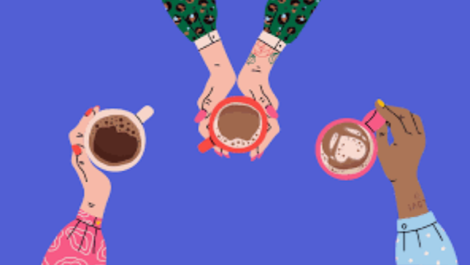 Illustration of three cups of coffee held by different people's hands, from above