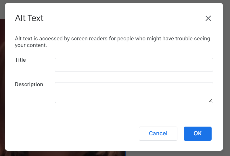 A screenshot of the Alt Text popup in Google Docs with a place to enter a title and description