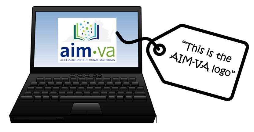 Laptop displaying the AIM-VA logo with a tag attached to the screen saying "This is the AIM-VA logo"