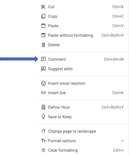 Image of the context menu showing the Comment button