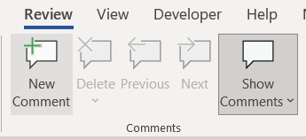 Image of Review menu showing New Comment and Show Comments buttons