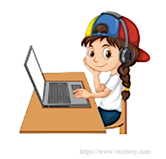 Illustration of a girl sitting at a computer desk using a laptop