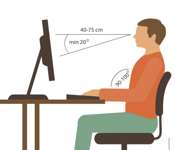 Illustration of a man sitting at a desk showing the correct sitting posture relative to keyboard and monitor