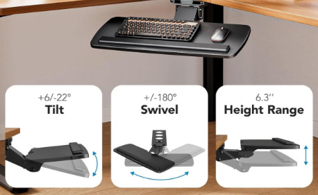 Photo of keyboard tray with tilt, swivel, and height adjustments