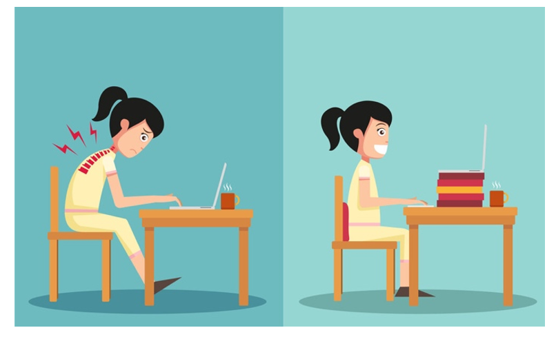 Illustration of a girl using a laptop that is sitting on books compared to bending forward to use the laptop on the desk