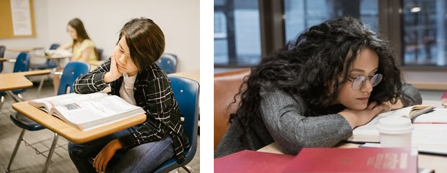 Two photos of students supporting their heads, one using her elbow on the desk, the other resting her chin on her hands directly on the desk
