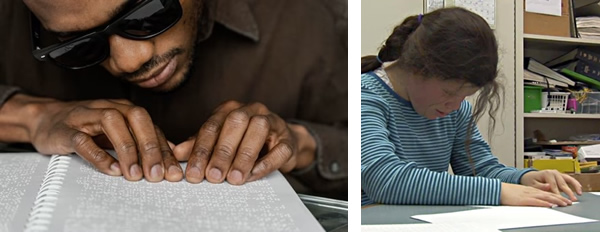 Two photos of people reading braille while hunched over