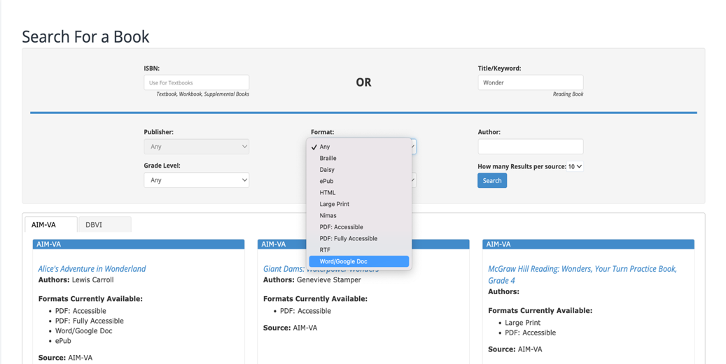 Screenshot of the AIM-VA Search for a Book screen with the Format dropdown open