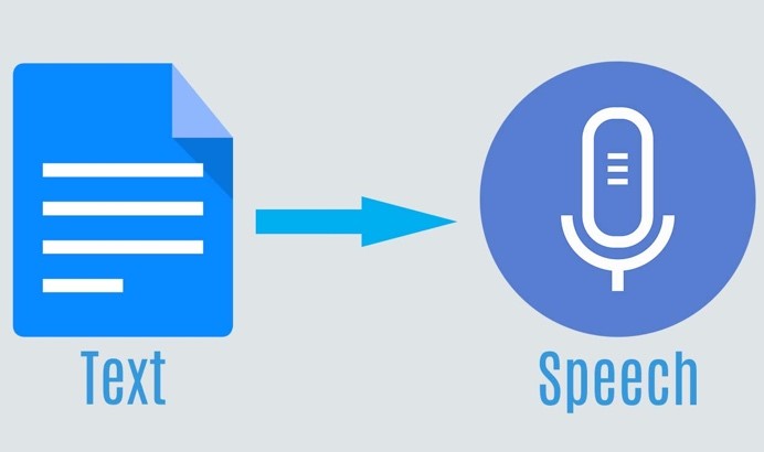 Image of a word document icon with an arrow pointing to a microphone icon and the words Text and Speech under the icons respectively