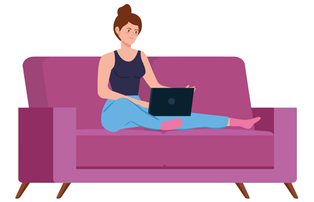 Image of a woman sitting on a sofa with her legs up and a laptop on her leg