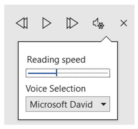 Screenshot of the playback tool bar with the settings menu open showing a slider for Reading Speed